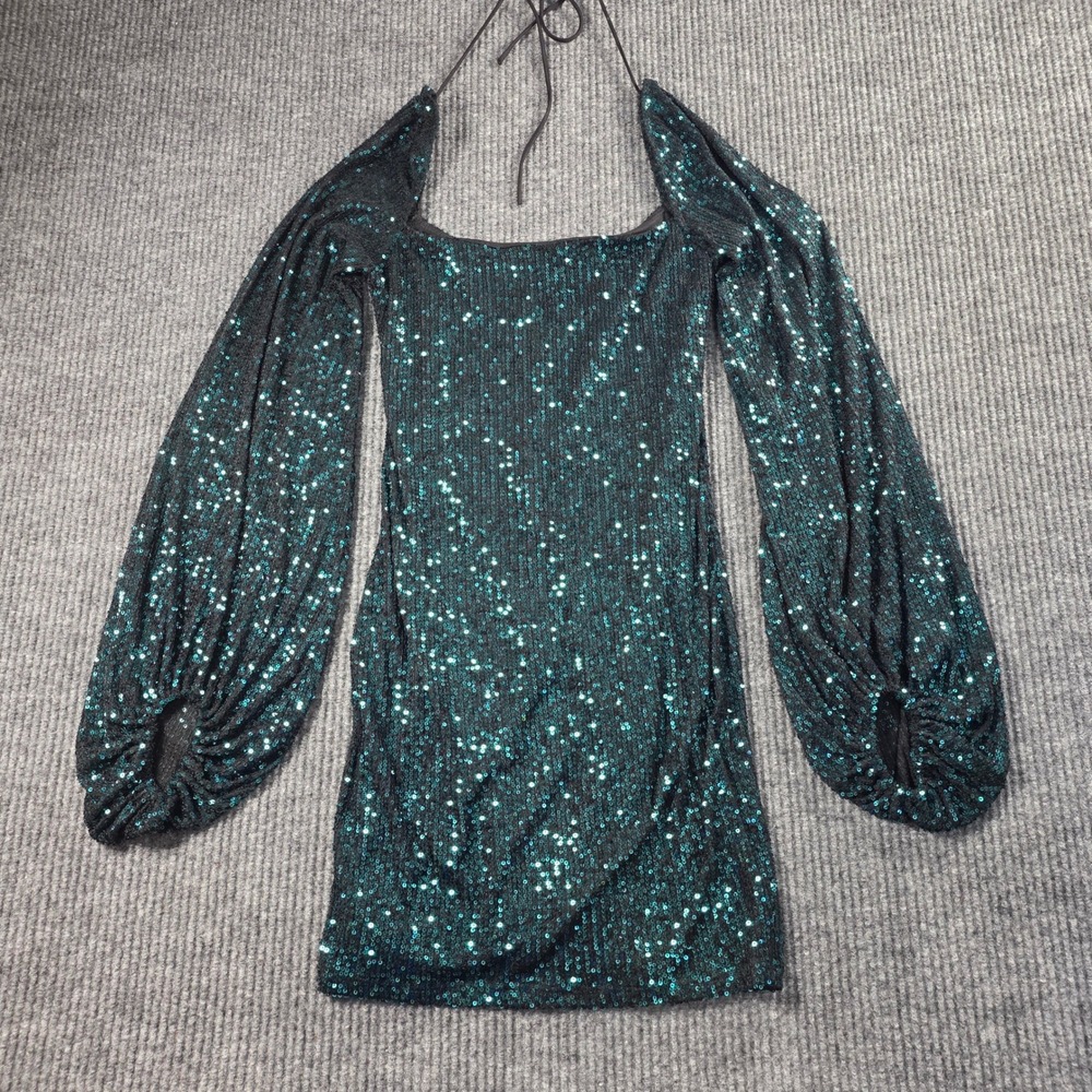 Lucy in the Sky Teal Sequin Mini Dress Long Puff Sleeve Square Neck Size M